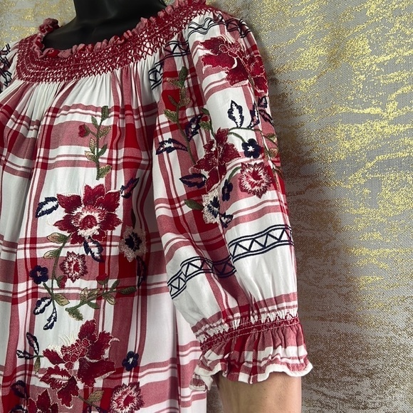 Zara Red Check Dress With Floral Embroidery Off Shoulder Dress Size S - Picture 9 of 17